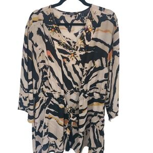 Dennis Basso Abstract Animal Print Beaded V-Neck Top Womens Medium